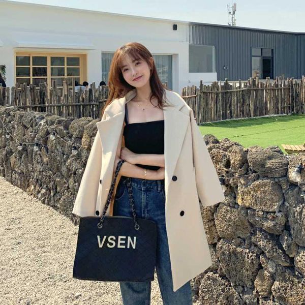 

women's wool & blends cardigan loose plus size outwear pocket turn down collar jacket women beige elegant winter cotton overcoat long b, Black