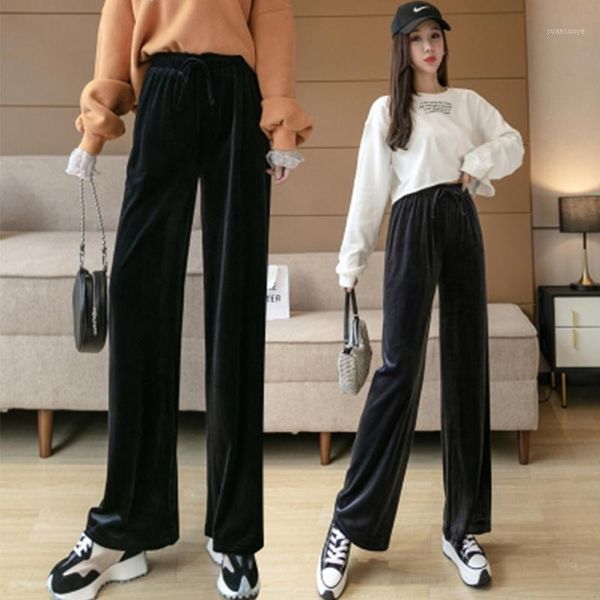 

flannelette wide leg trousers women 2020 autumn winter high waist loose straight drop feel versatile leisure long trousers1, Black;white