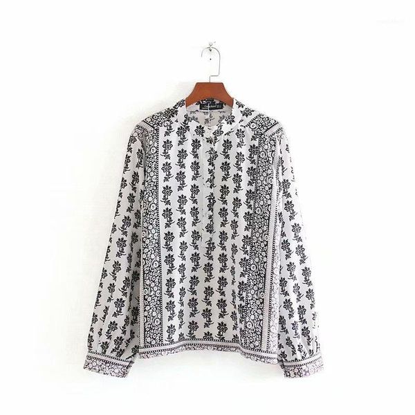 

2020 spring summer new retro vintage print white zaraing women blouse shirt vadiming sheining female shirt dfp86151