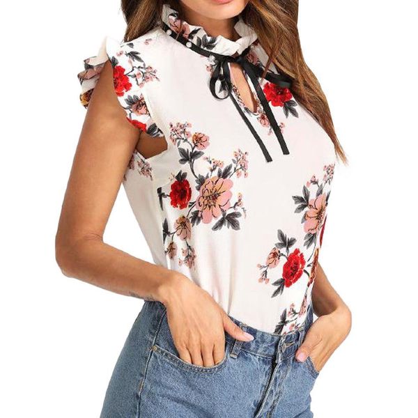 

women ladies polyester summer printing bow sleeveless shorts fitness clothing round neck tank blouse verano 2021 mujer, White
