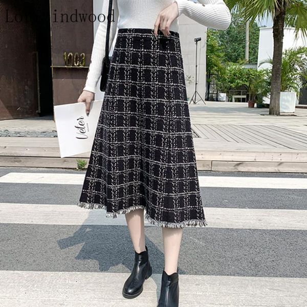 

2020 new winter warm knitted women midi tassel skirt high waist thick a line plaid sweater mujer faldas1, Black