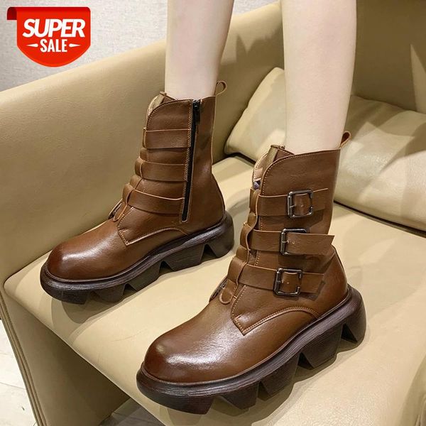 

lucyever vintage double buckle pu leather ankle boots women comfortable mid heel platform shoes woman round toe casual shoes #gg9d, Black