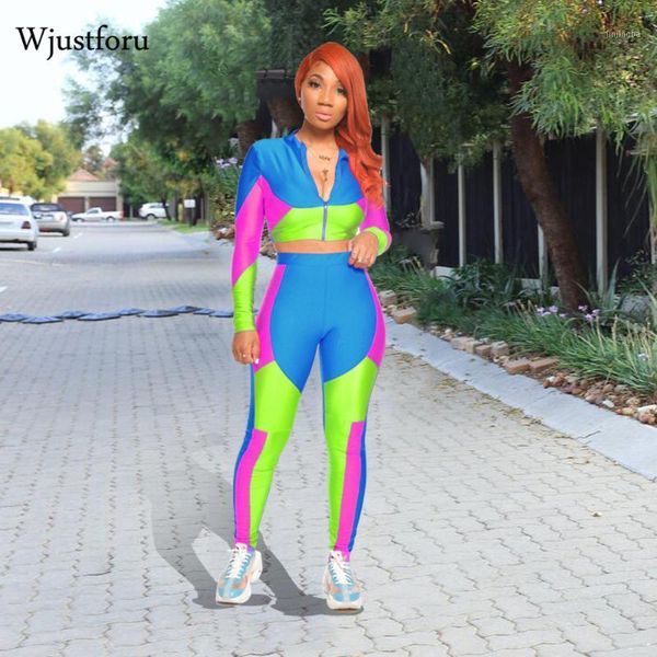 

wjustforu streetwear 2 piece set women zipper v-neck crop casual high waist panelled long pants fall 2020 women1, Gray