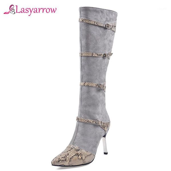 

lasyarrow winter knee high boots women snake print buckle thin heel tall boots zipper super high heel shoes lady autumn size 481, Black