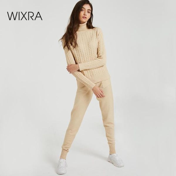 

wixra knitted women sweater sets turtleneck long sleeve sweaters +pockets long pants solid 2 pieces suits winter costume, White