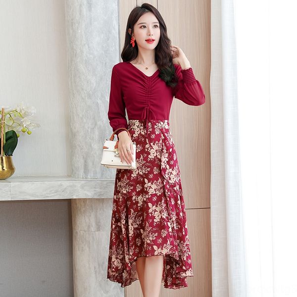 

2785long рукав шифон лоскутной печать платье для женщин в осеннем 2020slim и большого размер юбки юбки долго сказочное платье 82mez, Black;gray