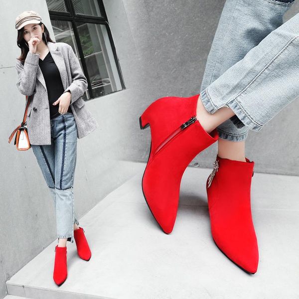 

european and american fashion boots short tube pointed thick with female ankle boots fashion personality comfortable, Black