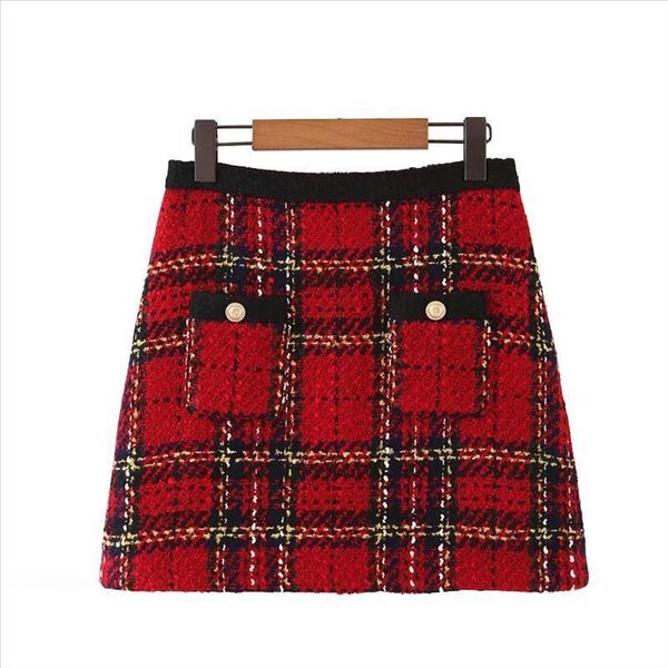 

red vintage women tweed mini skirts 2019 winter fashion ladies plaid skirt female patchwork falda girls high waist skirts chic, Black