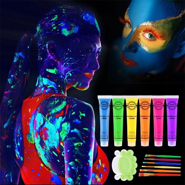 

6pcs 6 colors uv blacklight reactive face & body glow paint art party club halloween dress makeup luminous glowing painting kit
