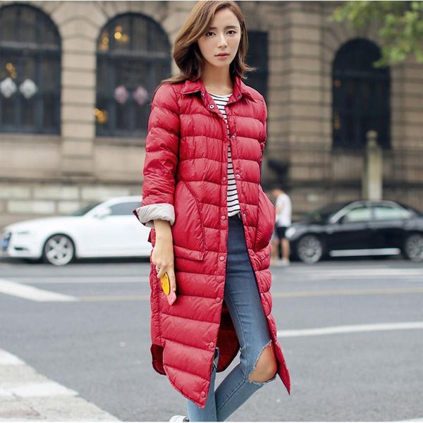

woman winter padded warm coat ultra light duck down jacket long female overcoat slim solid jackets winter coat portable parkas, Black