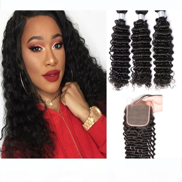 

10а virgin норка бразильский deep culry человеческих волос пучки с кружевом закрытие необработанные deep curly wave утки бесплатная доставка, Black