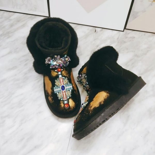 

2020 head leather snow crystal station luxury tube skin cotton boots winter srwd, Black