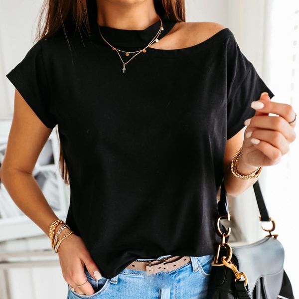 

2020 new style women's cold shoulder t-shirts female short sleeve o-neck solid color shirts summer casual fashion clothes, White
