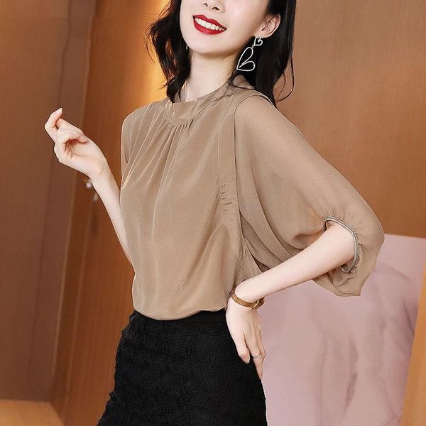 

women spring autumn style chiffon blouses shirts lady casual stand collar half lantern sleeve blusas df3793, White
