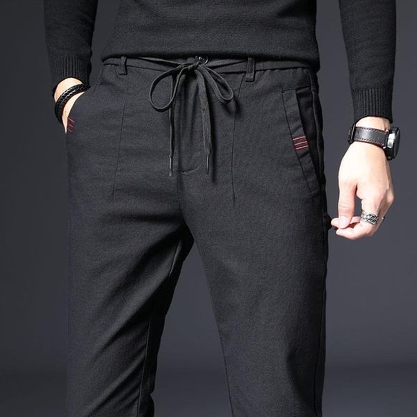 

new autumn and winter casual pants plus velvet men striped micro elastic straight pants plus size 38 201126, Black