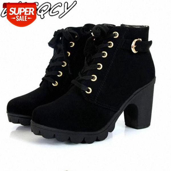 

fashion boots female retro thick heel 2019 winter new boots laceup short plush round head shallow mouth flock high heel #wo1w, Black