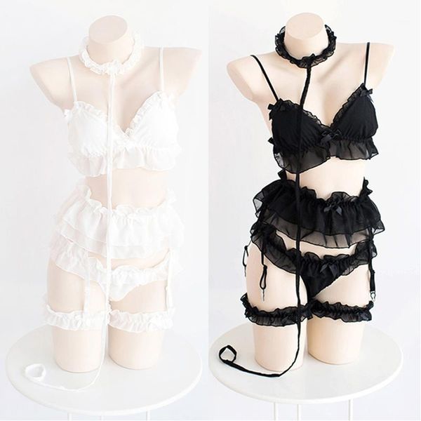 

women l lingerie temptation princess ruffles bra panties leg ring collar garter lace underwear set1, Red;black