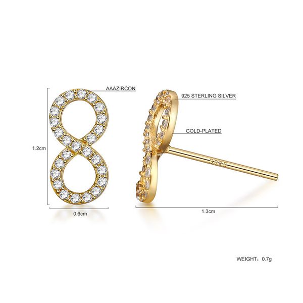

925 sterling silver tiny infinity earrings studs cute simple august infinite stud earrings lucky number figure 8 eight stud earring, Golden;silver