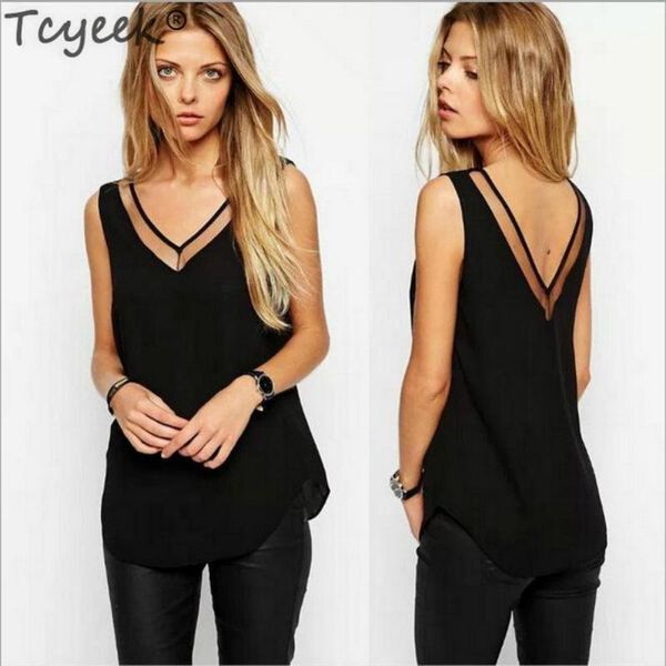 

tcyeek summer blouse chiffon sleeveless womens blouses black white shirts casual korean clothing blusa 2020 lwl17701