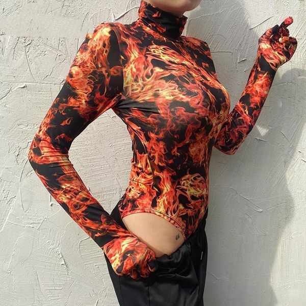 

padegao flaming fire print winter women bodysuit with gloves turtleneck long sleeve bodycon autumn bodysuits rompers pdg3271, Black;white