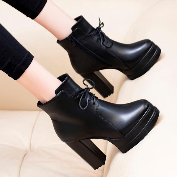 

10cm high heel women's short boots autumn platform shoes thick heel fashion lace up platform ankle boots black