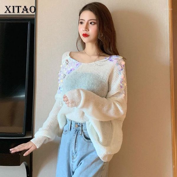 

xitao sequin knitted thin sweater women fashion criss cross backless hole perspective elegant small fresh casual sweater gcc24351, White;black