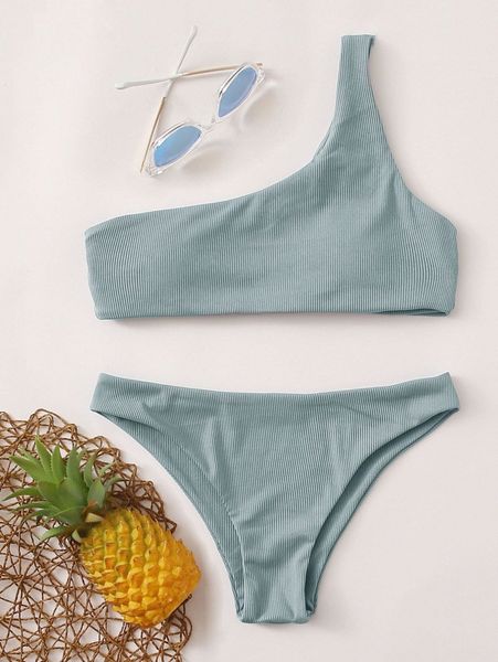 

rib one shoulder bikini swimsuit 45fw#, White;black