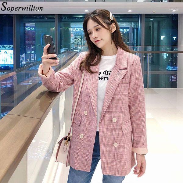 

women blazer plaid suit jacket lady blazer feminino 2020 long sleeve double breasted blazers female office coat work wear korean1, White;black