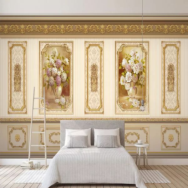 Özel Fotoğraf Kağıdı 3D Stereo Pastoral Altın Çiçekler Duvar Resimleri Oturma Odası TV Kanepe Ev Dekor Arka Plan Duvar Boyama Fresk