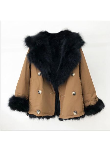 

women's fur & faux double-sided wear natural wool coat short tooling parka nick garment thick 2021 winter, Black