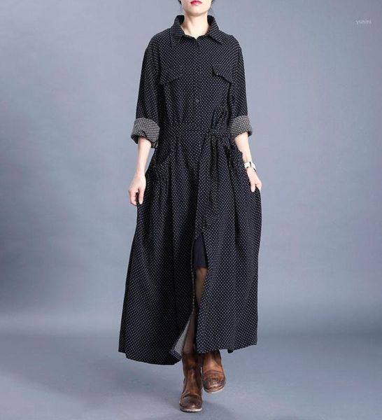 

women 2020 spring cotton linen polka dot trench coat outerwear ladies vintage cotton flax turn down collar long coat female1, Tan;black