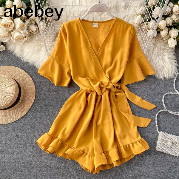 

boho slim ruffles 2020 v neck jumpsuit flare sleeve casual women rompers short summer tie playsuit beach holiday romper t200704, Black;white