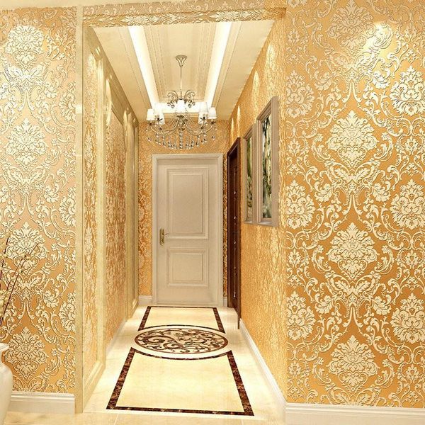 

yiwumart non-woven 3d flocking thickening gold wallpaper for l guest room bedroom wall paper embossed decorative wallpaper