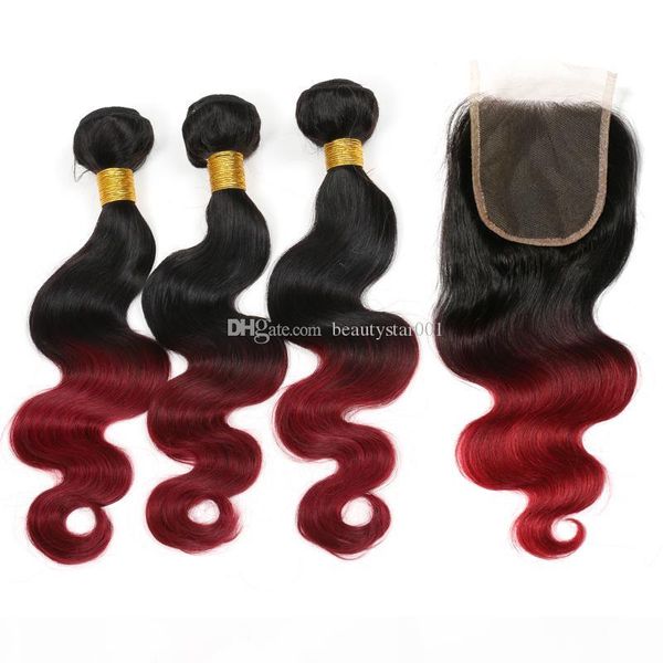 

two tone brazilian body wave bundles with closure 3 bundles 1b burgundy ombre human hair bundles with lace closure remy red weave extensions, Black;brown