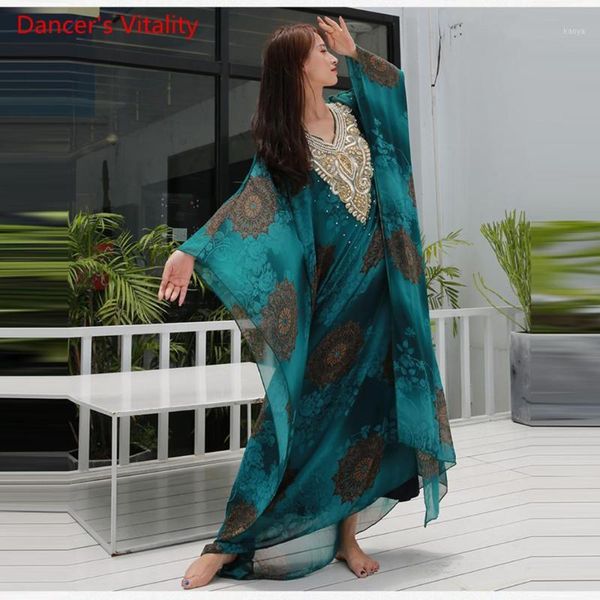 

new khalegy robe women belly dance dress loose luxury embroidery performance wear show blue green red, Black;red