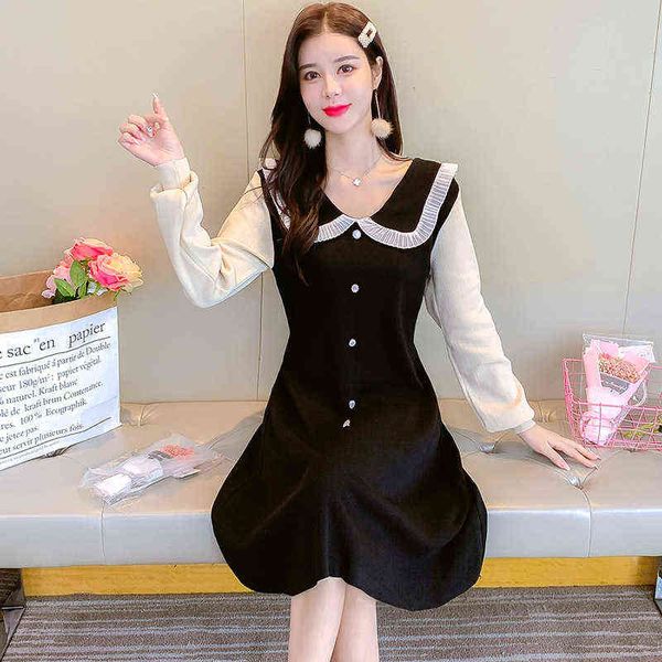 

casual dresses 2022 korean slim doll neck sweater knitted dresses, Black;gray