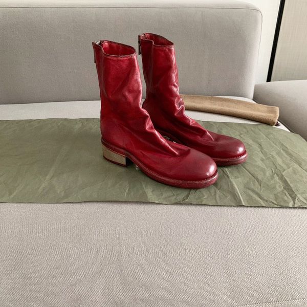 

2020 new silver heel hand-made horse skin washed hand-made shoes, worn-out reverse boots, mid boot boots, martin boots, Black