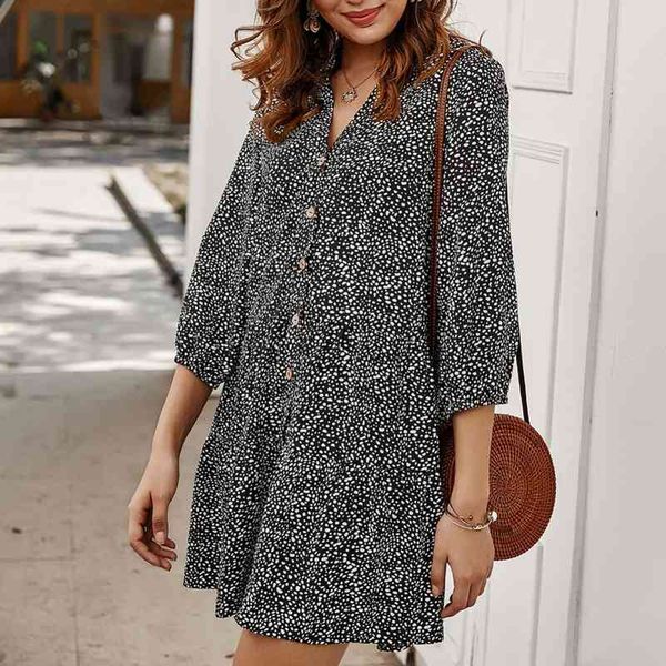

summer dress women boho print v neck 3 4 sleeve buttons large swing a-line beach mini dress womens clothing, Black;gray