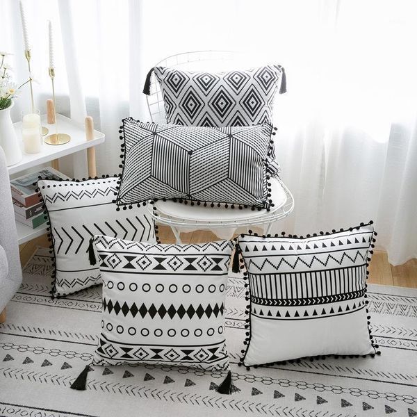 

cushion/decorative pillow simple sofa decorative cushion cover white black rectangle soft boho geometric pom ball fringe case1