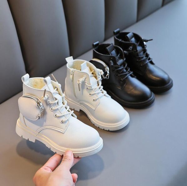 

new 2020 winter for boys girls martin casual walking outdoor leather plush children snow boots kids shoes, Black