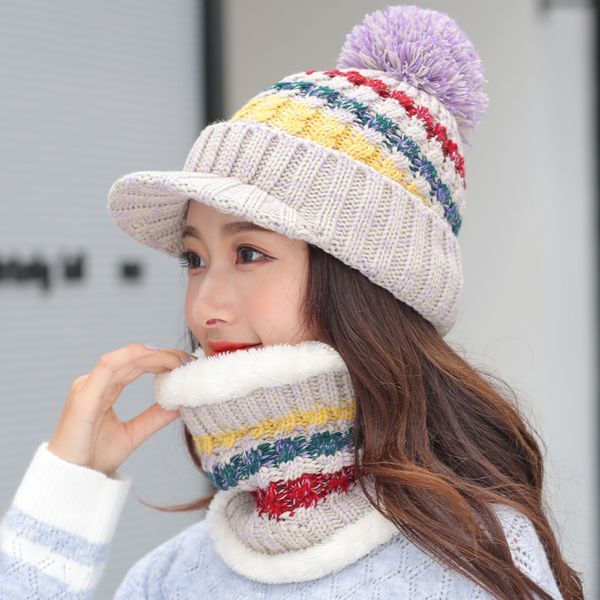 

girls knitted hat women winter women ball ski rabbit fur hat pompoms hats knitted scarf, Blue;gray