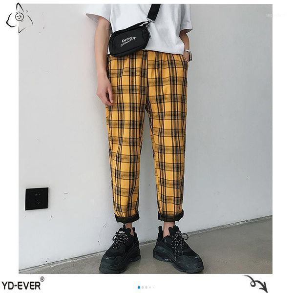 

yellow black plaid slim fit men's pants 2020 korean men casual harem pants hip hop joggers streetwear pants-d1