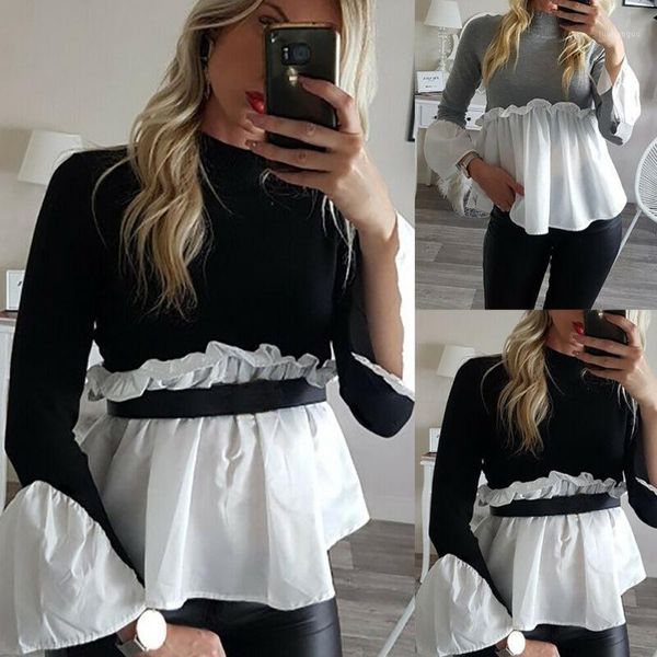 

women long sleeve frill ruffle jumper turtleneck pullover sweater blouse1, White
