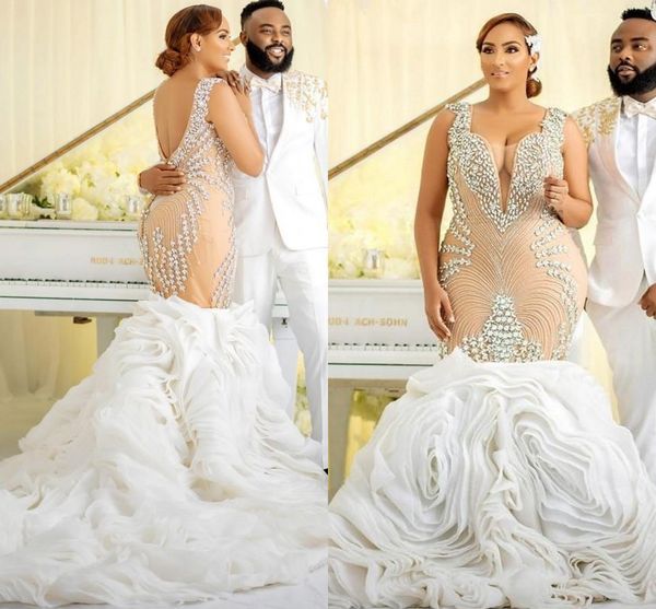 

champagne mermaid african wedding dresses 2021 luxury crystal beaded cascading ruffles trumpet plus size bridal gowns vestidos de novia, White