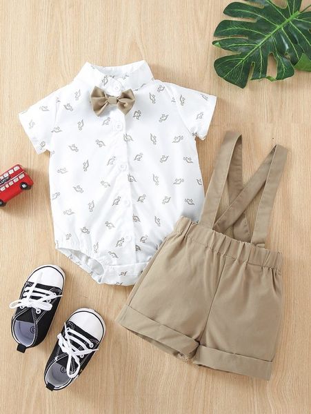 

baby dinosaur print bow front shirt bodysuit & pinafore shorts she, White