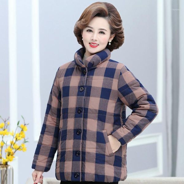 

middle aged women plaid puffer parkas jacket red coffee checked pattern thick thermal quilted basic coat mother puff outerwear1, Black