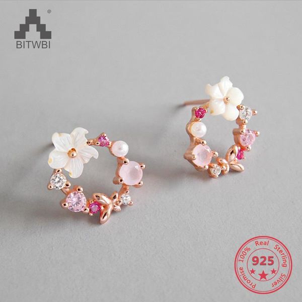 

hoop & huggie s925 pure silver luxury zircon pearl shell crystal sweet wreath earrings for women allergy-proof romantic jewelry, Golden;silver