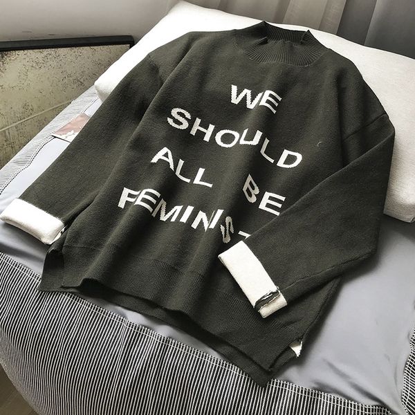 

eu1bk languid hong kong sweater pullover sweater high collar loose matching color letter versatile pullover style women's fashion forei, White;black