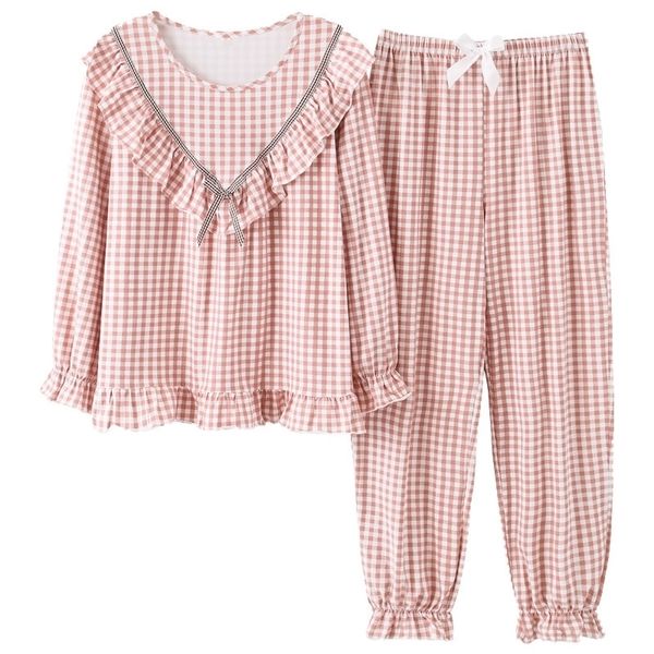 

women long sleeve sweet plaid print sleepwear suit spring autumn pajamas set young girl nightgown casual homewear pijamas mujer 201027, Black;red