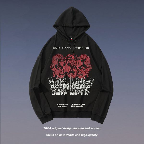 

Tkpa chaopai high street dark Print Long Sleeve Hoodie for men and women, Black